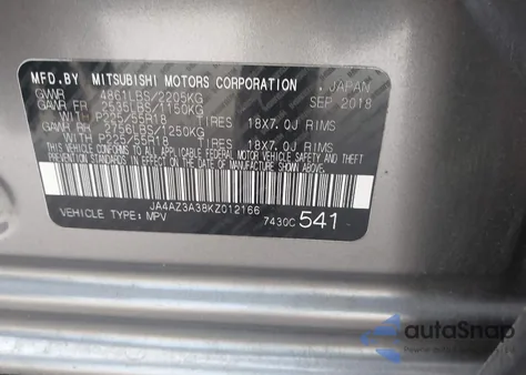 2019 Mitsubishi Outlander Es из США, поврежденный, VIN JA4AZ3A38KZ012166
